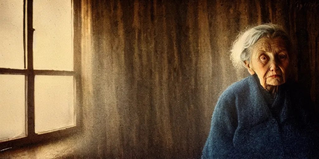 Image similar to portrait bust of old woman, solemn expression, faded color film, russian cinema, tarkovsky, kodachrome, inside old cabin, next to window, heavy forest outside, long brown hair, old clothing, heavy fog, blue hour, hudson river school, 4 k, dramatic lighting, greg rutkowski
