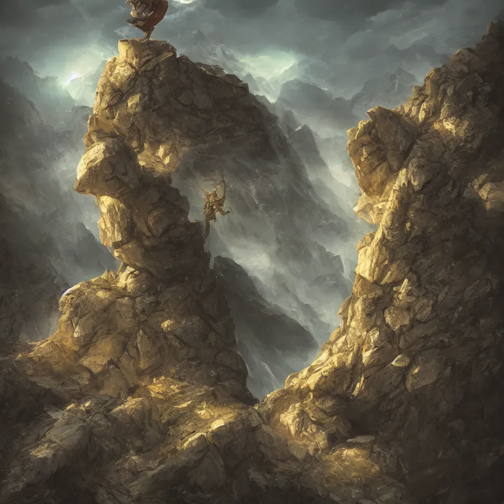 Prompt: A marmut protecting a stone on top of the Rocky Mountains, dreamscape, dramatic lighting, fantasy art illustration, trending on artstation, Aetherpunk