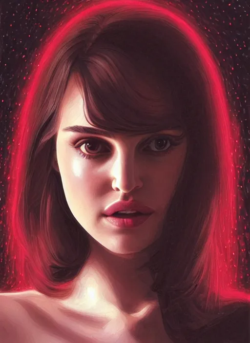 Image similar to portrait of teenage natalie portman, long haircut, flowing dark hair, white shirt, red tie, smiling kindly, forest at background, 1 9 8 0 s, intricate, elegant, glowing lights, highly detailed, digital painting, artstation, concept art, smooth, sharp focus, illustration, art by wlop, mars ravelo and greg rutkowski