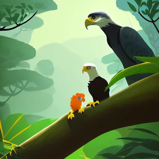 Prompt: national geographic illustration a young little eagle in the jungle by goro fujita, painting by goro fujita, sharp focus, highly detailed, artstation