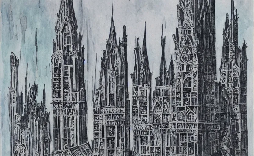 Prompt: a landscape painting of neo - gothic skyscrapers in a large cavern, claymation, henri berthaut, ( ( colored pen ) ), art - deco, absurdist, ink wash, miner kilbourne kellogg,