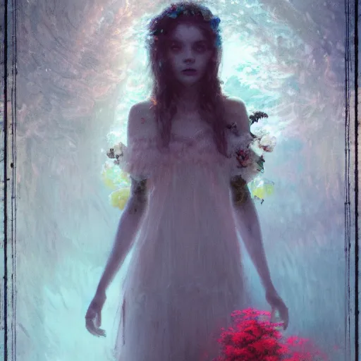 Prompt: a beautiful terrifying girl made of flowers. ethereal horror fantasy art by greg rutkowski and magali villanueve and monet, concept art, smooth, cinematic lighting, 8 k resolution