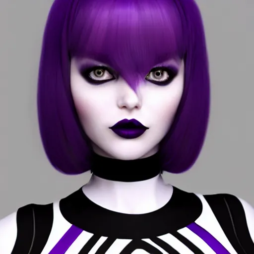 Image similar to a feminine curvy pale hot goth cutie wearing an tight purple-grey latex-nylon high-neck striped dress, choker necklace, cgsociety, photorealistic, sublime-cool-hyperadvanced-dark-amorous ambience, 16k, smooth, sharp focus, trending on ArtStation, volumetric lighting, fully clothed, thin waist