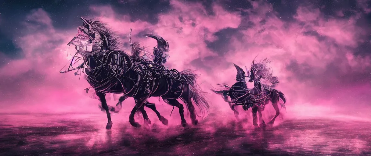 Image similar to space, a 3 horse - drawn, a mechanical horse with a pink mohawk drives a pirate spaceship, punk, hyperdetailed illustration, stars, pink, neon, oil painting, rich deep colors masterpiece, pirate neon ship, ultra detailed, contrast, heaven pink, clouds, volumetric light, atmospheric lighting, dramatic, cinematic, moody, octane render 4 k, 8 k