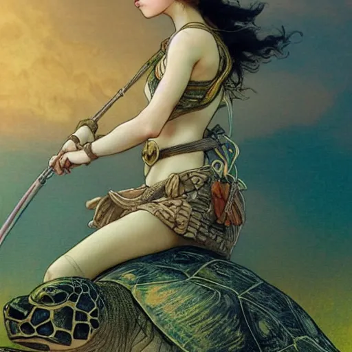 Image similar to a little warrior girl sitting on top of one giant turtle that is walking in the desert. the girl has dark skin and beautiful green eyes, realistic full body and a very beautiful detailed symmetrical face with long black hair. diffuse light, dramatic sky and landscape, long shot fantasy illustration by mucha