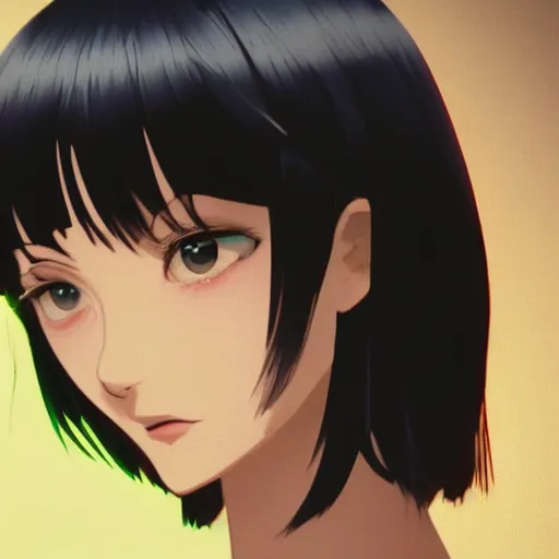 Image similar to a portrait of a beautiful girl with long straight black hair and bangs, wearing 1940's fashion, she has dark brown eyes and pale skin, she is facing towards the camera, city at nightime background, low-key neon lighting, 4k, HQ, official media, anime key visual, makoto shinkai and ilya kuvshinov, detailed, trending on artstation