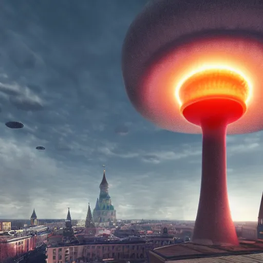 Prompt: Nuke just hit Moscow Kremlin and there\'s a nuclear mushroom above it, detailed art, realistic, octane render, trending on artstation