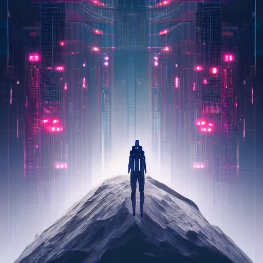 Image similar to A dream beyond horizon. ArtStation, Cyberpunk, Vertical Symmetry, 8K, Highly Detailed, Intricate, Album Art.