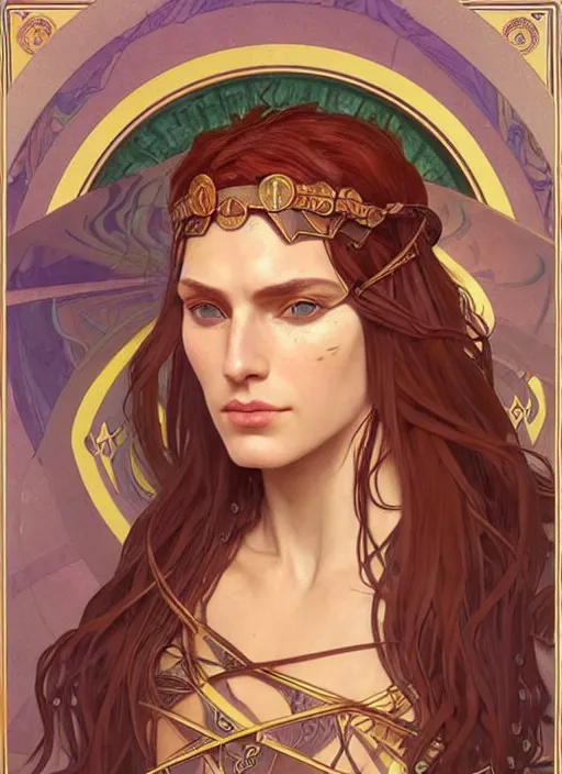 Prompt: portrait of cassandra the trojan prophetess, redgold hair, greek nose, high cheekbones, meditteranean facial features, braided brown hair, green eyes, greek chiton, high fantasy, dnd, smooth, sharp focus, illustration, by rossdraws, alphonse mucha, frank fanzzeta, collectible card art