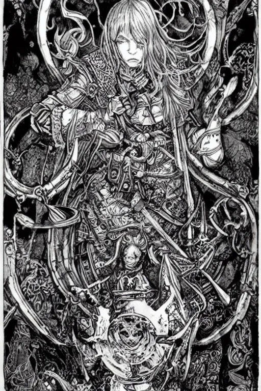 Image similar to Viking Alice in wonderland tarot card , pen and ink, intricate line drawings, by Yoshitaka Amano, Ruan Jia, Kentaro Miura, Artgerm, watercolor