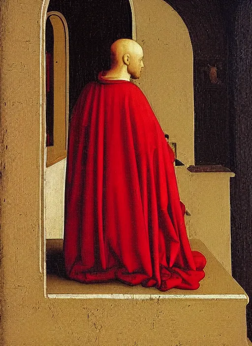 Image similar to Profile of Fallen Angel dressed in red, Medieval painting by Jan van Eyck, Johannes Vermeer, Florence