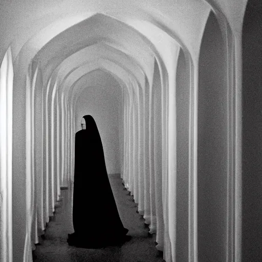 Image similar to nightmare vision, black and white, award winning photo, levitating twin nuns, wearing translucent sheet, in a sanctuary, hallways, eerie, frightening —width 1024 —height 1024