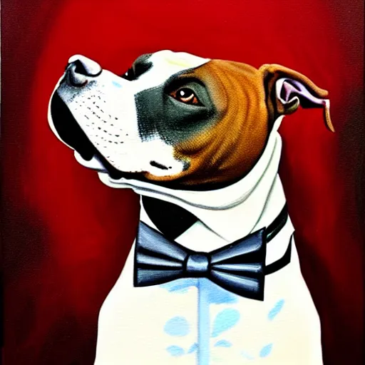 Prompt: A painting of a pitbull dog with a bowtie playing jazz on an upright bass while howling.