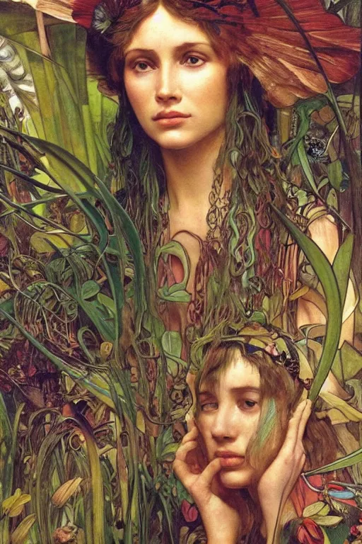 Image similar to realistic detailed portrait of bohemian girl in jungle by denis villeneuve, amano, yves tanguy, alphonse mucha, ernst haeckel, max ernst, roger dean, ridley scott, dynamic closeup