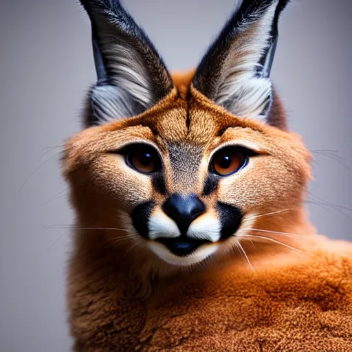 Image similar to a photo of cute fluffy caracal wearing toga, close up portrait, studio photography, 8 k