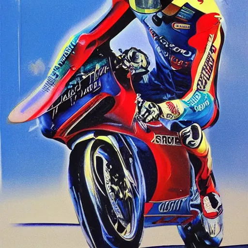 Image similar to photorealistic picture, by bob peak and alex ross, moto gp ads in 1 9 9 0 s, gouache and wash paints, fine details, fine intricate, fine facial proportionate, fine body proportionate, fine body posse, smooth sharp focus, sharp focus
