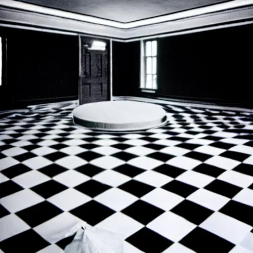 Image similar to 3 5 mm film photography by stanley kubrick, award winnin photo of an old room with checker floor and with a singular cloud floating inside it