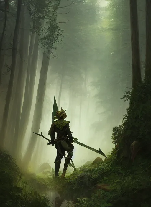 Prompt: elf soldier wearing dark green with a shield and sword on his back standing at a forest looking for adventure in the mountains, tall trees, landscape is lush, moody sunset in background, greg rutkowski, alphonse mucha, trending on artstation, artgerm, unreal engine, breathtaking, award winning, highly detailed