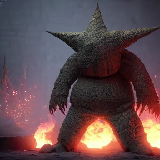 Image similar to patrick star monster reimagined as a boss in dark souls, dark cinematic, volumetric, realistic, cinematic lighting, ray tracing, unreal engine 5, unreal engine render, octane render, hyper realistic, photo, 8 k