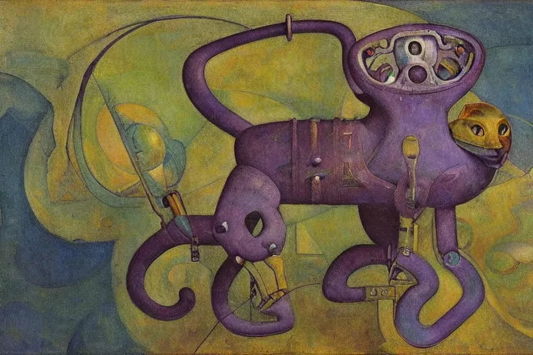 Prompt: mechanical robot cat, by annie swynnerton and diego rivera and nicholas roerich and jean delville, symbolist, dramatic lighting, elaborate geometric ornament, art brut, colors are soft greens and blues and purple, smooth, sharp focus, extremely detailed, adolf wolfli and ( donato giancola )