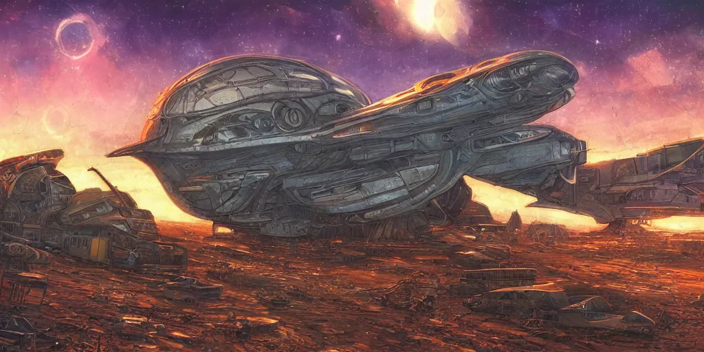 Prompt: a massive spaceship junkyard on a barren world. stars in the sky. Moebius. HDR digital painting. extremely detailed. high resolution image.