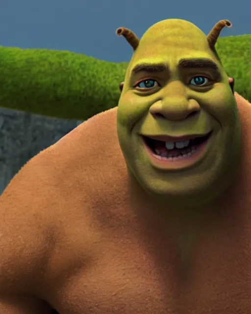 Image similar to film still close up shot of dwayne johnson as shrek from the movie shrek the third. photographic, photography