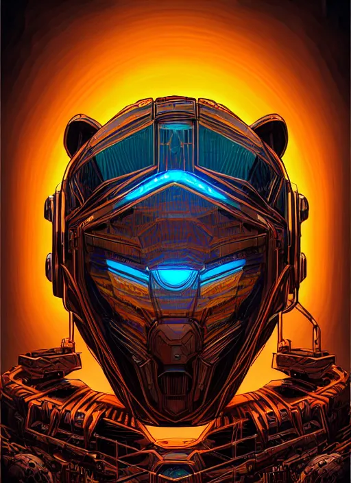 Image similar to a lion cyborg helmet by dan mumford, cyberpunk city abandoned, center frame singular high fantasy character concept art symmetrical features, digital painting, sharp focus, illustration