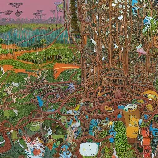 Prompt: a panoramic painting of a mechanical forest by Dan Santat and Geof Darrow, high detail, masterpiece