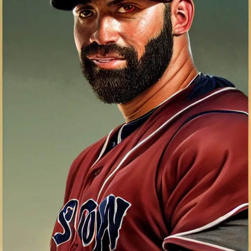 Image similar to portrait painting of boston red sox baseball player, unshaven, strong, ultra realistic, concept art, intricate details, serious, highly detailed, photorealistic, octane render, 8 k, unreal engine. art by artgerm and greg rutkowski and alphonse mucha