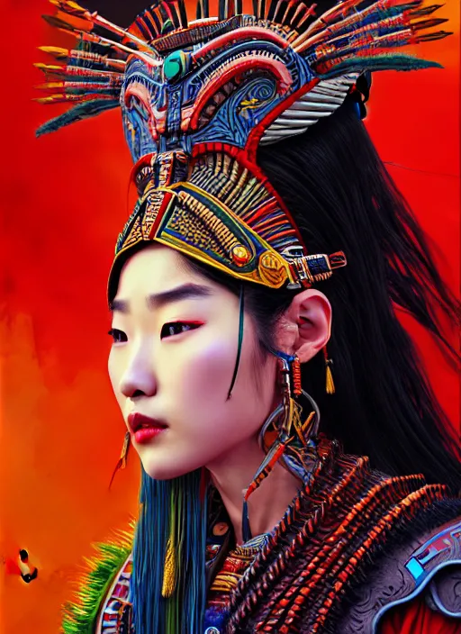 Image similar to portrait of liu yifei, hyper detailed ultra sharp aztec shaman warrior. trending on artstation, warpaint aesthetic, bloodwave, colorful, psychedelic, ornate, intricate, digital painting, concept art, smooth, sharp focus, illustration, art by artgerm and greg rutkowski and h. r. giger, 8 k