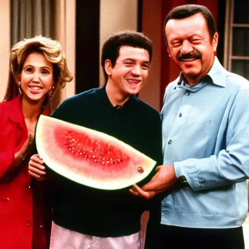 Prompt: recep tayyip erdogan smiling holding watermelon for a 1 9 9 0 s sitcom tv show, studio photograph, hd, studio