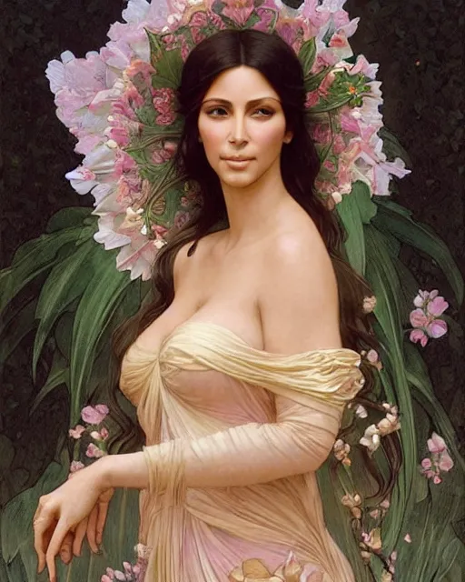 Prompt: an art nouveau portrait painting of a shy, blushing, kim kardashian as a princess lying among flower petals, hair fanned around, intricate, elegant, highly detailed, artstation, concept art, by krenz cushart and donato giancola and william adolph bouguereau and alphonse mucha