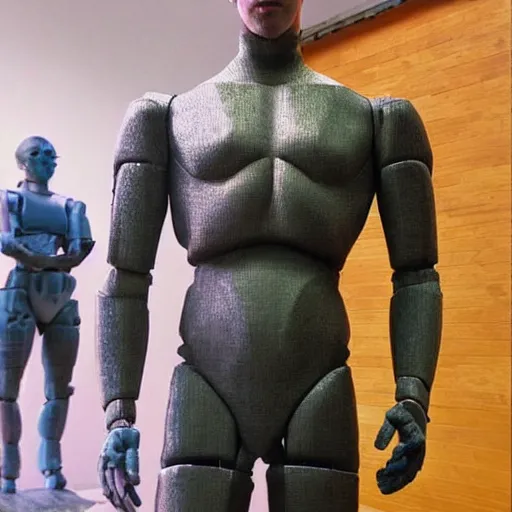 Image similar to “a realistic detailed photo of a guy who is an attractive humanoid who is half robot and half humanoid, who is a male android, Liam Hemsworth, shiny skin, posing like a statue, blank stare”