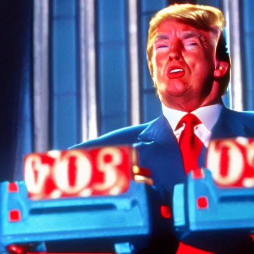 Image similar to movie still of donald trump as the gameshow host in arnold schwarzenegger's movie the running man. film quality