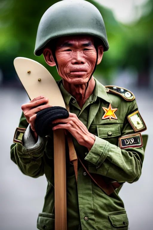 Image similar to vietnam soldier with skateboard, pulitzer award, extreme close up, captured by nikon d 8 5 0, 4 k, body features, face features, bokeh, proportional, details, object features, by daniel berehulak and adnan abidi and preston gannaway