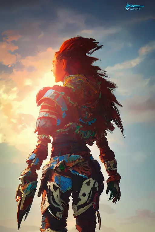 Image similar to combination suit armor aloy horizon forbidden west horizon zero dawn radiating a glowing aura global illumination ray tracing hdr fanart arstation by ian pesty and alena aenami artworks in 4 k tribal robot ninja mask helmet backpack