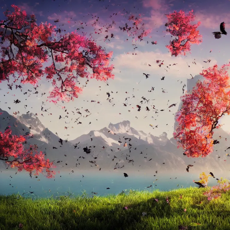 Image similar to a beautiful awesome artistic tree with falling flowers like leaves and many birds, all in the amazing outdoors view, mountain in the background, lake, long exposure, 8 k resolution, trending on artstation