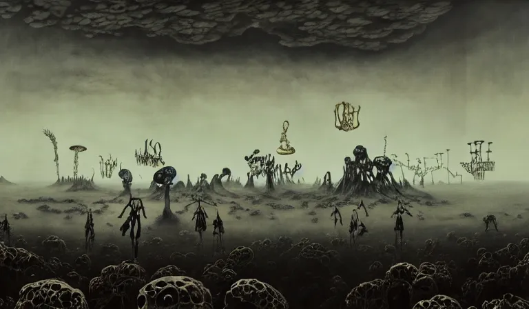 Image similar to still frame from Prometheus by Yves Tanguy and utagawa kuniyoshi, Vast hell plains with resurrecting ornate mycelium bone skeletons and skulls in style of Jakub rozalski and Simon Stalenhag with character designs by Neri Oxman, metal couture haute couture editorial