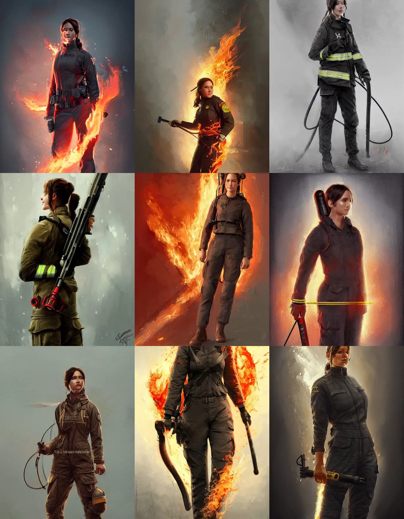 Prompt: ( ( ( ( ( katniss everdeen ) ) ) ) ) as a firefighter!!!!!, firefighting gear, strong, muscular, laughing, digital portrait by greg rutkowski, intricate, soft focus, highly detailed, cinematic, epic, artstation