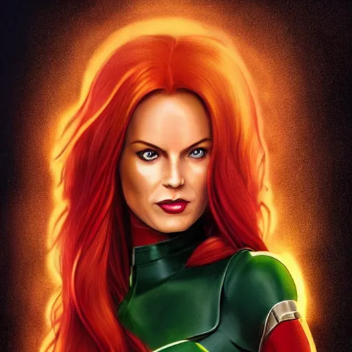 Image similar to jean grey, a full body portrait of jean grey, green eyes, red hair, phoenix rising, flames, flying, comic, x - men, highly detailed, artstation, deviantart, symetry, digital painting, vivid colors, realistic shaded perfect face, volumetric lighting, atmospheric, sharp focus, moody, art by artgerm and greg rutkowski, 8 k