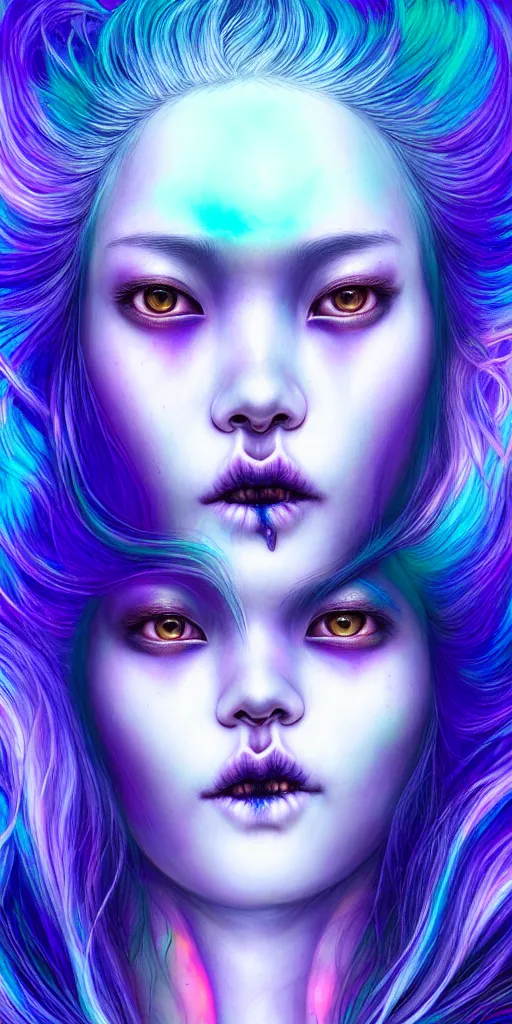 Image similar to hyperrealistic intricate close-up of beautiful moonchy woman with purple hair and pearlescent blue skin hannah yata machiej kuciara dramatic neon lighting on one side