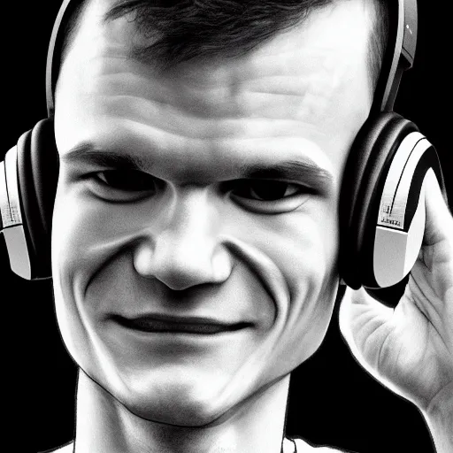 Image similar to vitalik buterin in big headphones with closed eyes listens to music and smiles, wayne barlow, bao pham, donato giancola, larry elmore, masterpiece, trending on artstation, featured on pixiv, cinematic composition, beautiful lighting, sharp, details, hyper - detailed, hdr, 4 k, 8 k