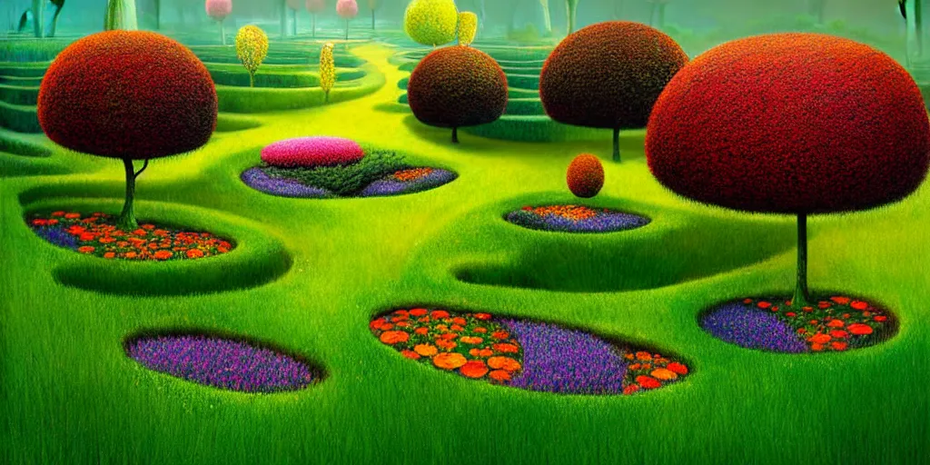 Prompt: Beautiful artwork garden of the future, hedges, Topiary plants, Nice colour scheme, warm colour. Beautiful artistic digital artwork by artist Lurid. (2022), Gediminas Pranckevicius