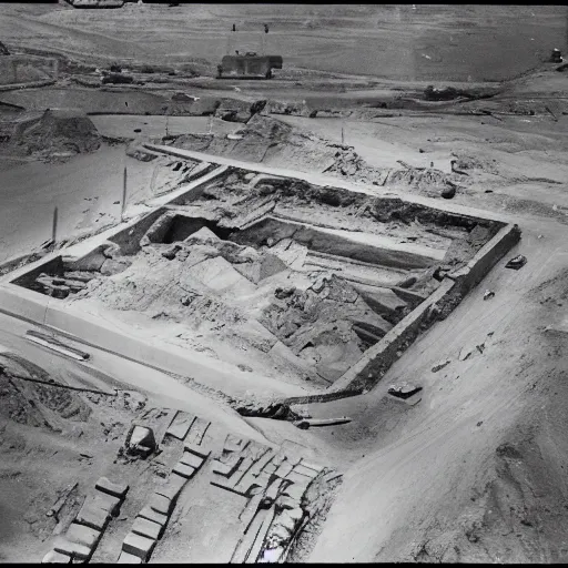 Image similar to an aerial photograph of future prospective site for a pyramid at giza with the early stages of construction and heavy scaffolding clearly visible, dslr