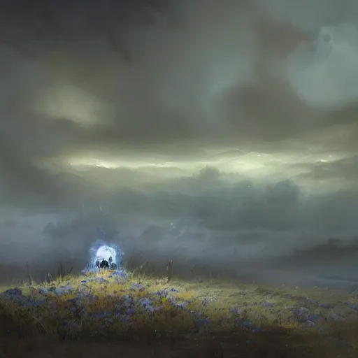 Image similar to Single blue flower growing from a skull on an ashen field, apocalyptik city, clouded sky, oil painting, by Greg Rutkowski