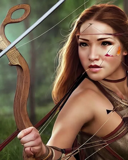 Prompt: very very realistic, photo of world, full body, women with a bow and arrow, female archer, warrior, realistic face