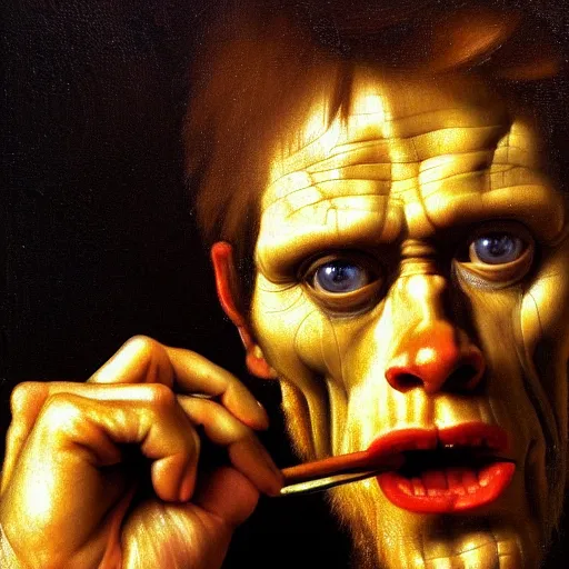 Image similar to close up portrait of willem dafoe eating an entire horse, oil painting, high detail, dark lighting, atmospheric, extremely detailed, intricate, da vinci, michelangelo, caravaggio, hans holbein, raphael, donatello, 8 k