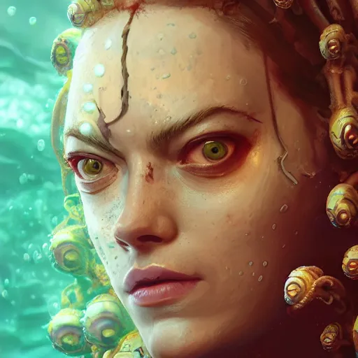 Image similar to underwater biopunk pirate portrait of emma stone, octopus, hyper detailed, digital art, trending in artstation, cinematic lighting, studio quality, smooth render, unreal engine 5 rendered, octane rendered, art style by klimt and nixeu and ian sprigger and wlop and krenz cushart.