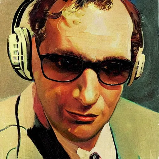 Prompt: “portrait of donald fagen as a 1950s disk jockey, by robert McGinnis”