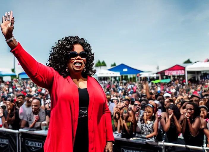 Prompt: photo still of oprah winfrey at the vans warped tour 2 0 1 8!!!!!!!! at age 3 6 years old 3 6 years of age!!!!!!!! tossing bags of money into the crowd, 8 k, 8 5 mm f 1. 8, studio lighting, rim light, right side key light